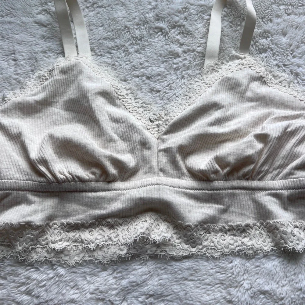 Aerie Ribbed Lace Trim Bralette Cream Wireless Longline XL 069-2694-3329 NWOT